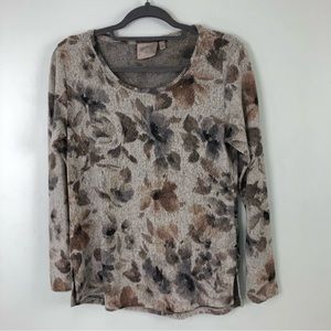 Dantelle Brushed Muted Floral Top Size Small Crew Neck Top Tan and Gray Shades